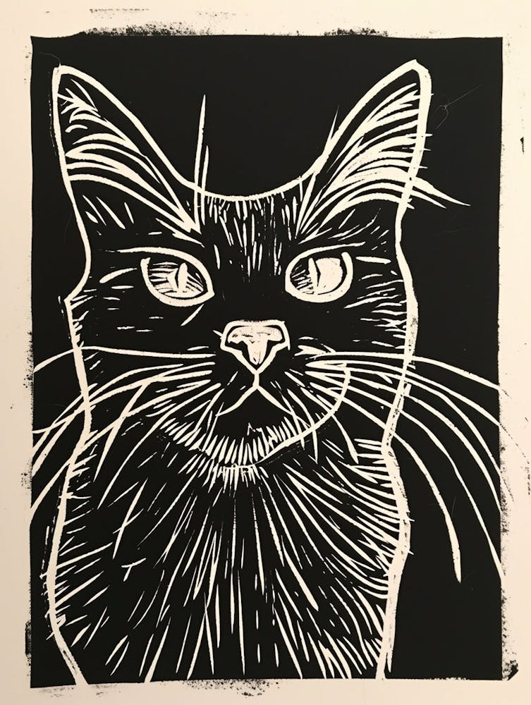 Turkish Angora Cat Linocut Blockprint 3