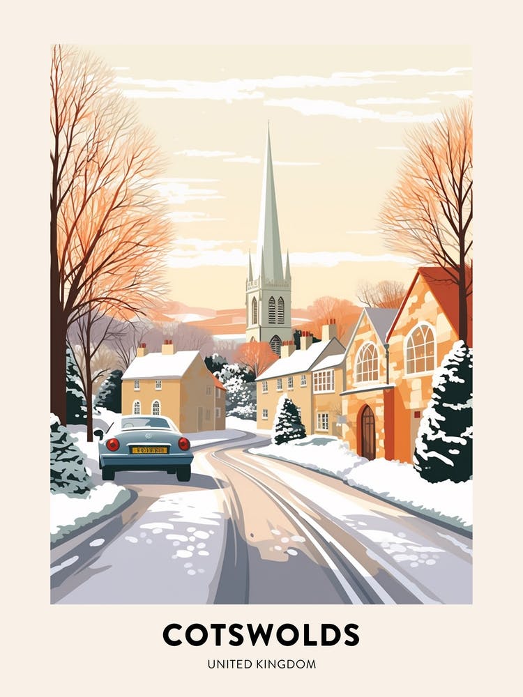 Vintage Winter Travel Poster Cotswolds United Kingdom 2