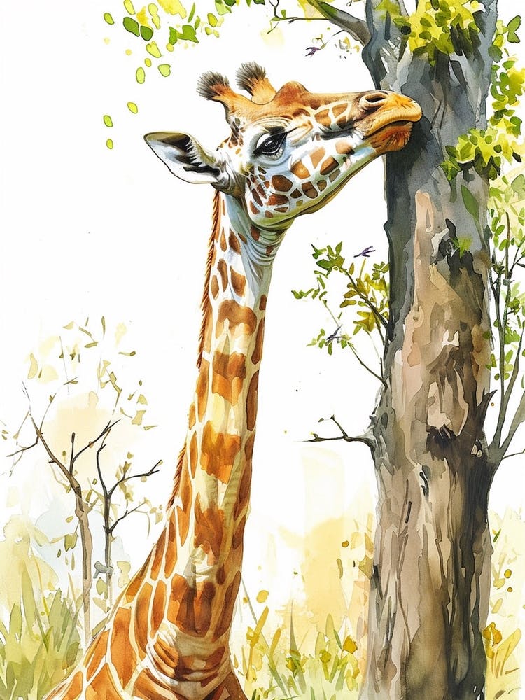 Giraffe By The Tree Watercolour 3