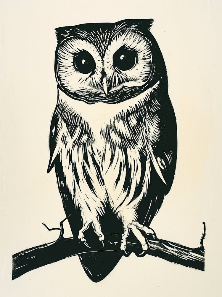 Northern Saw Whet Owl Linocut Blockprint 3