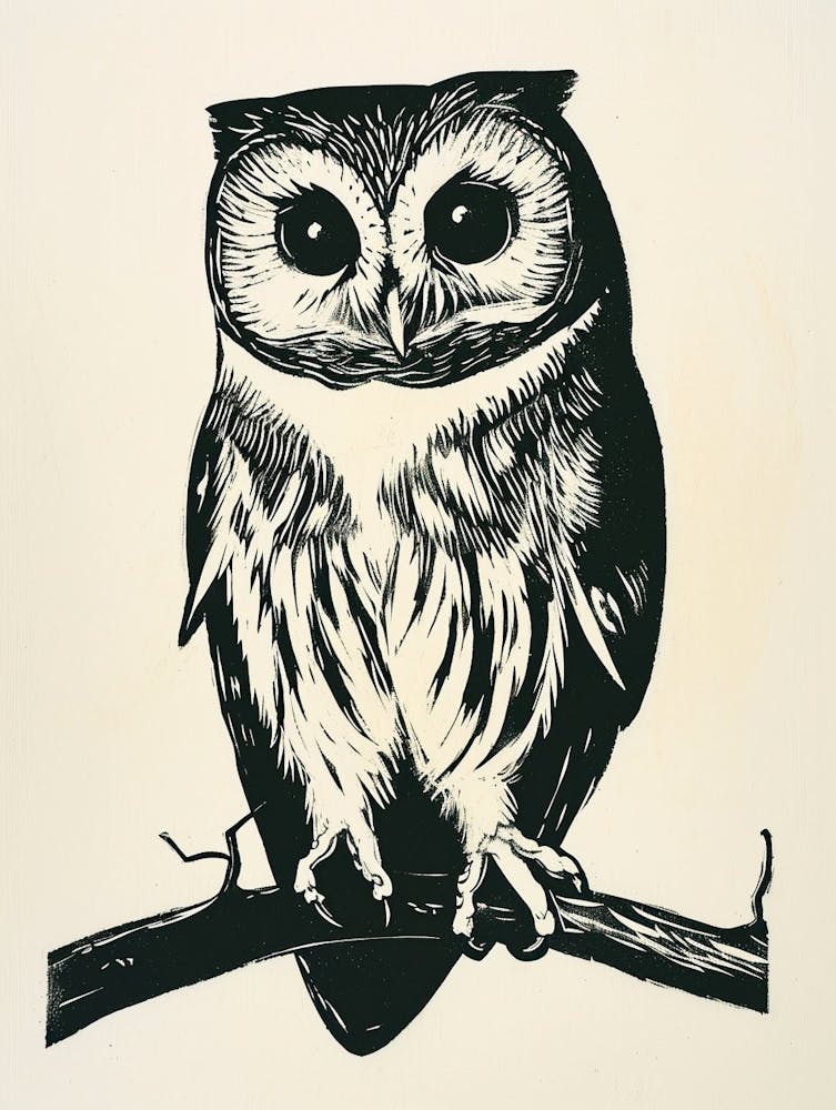 Northern Saw Whet Owl Linocut Blockprint 3