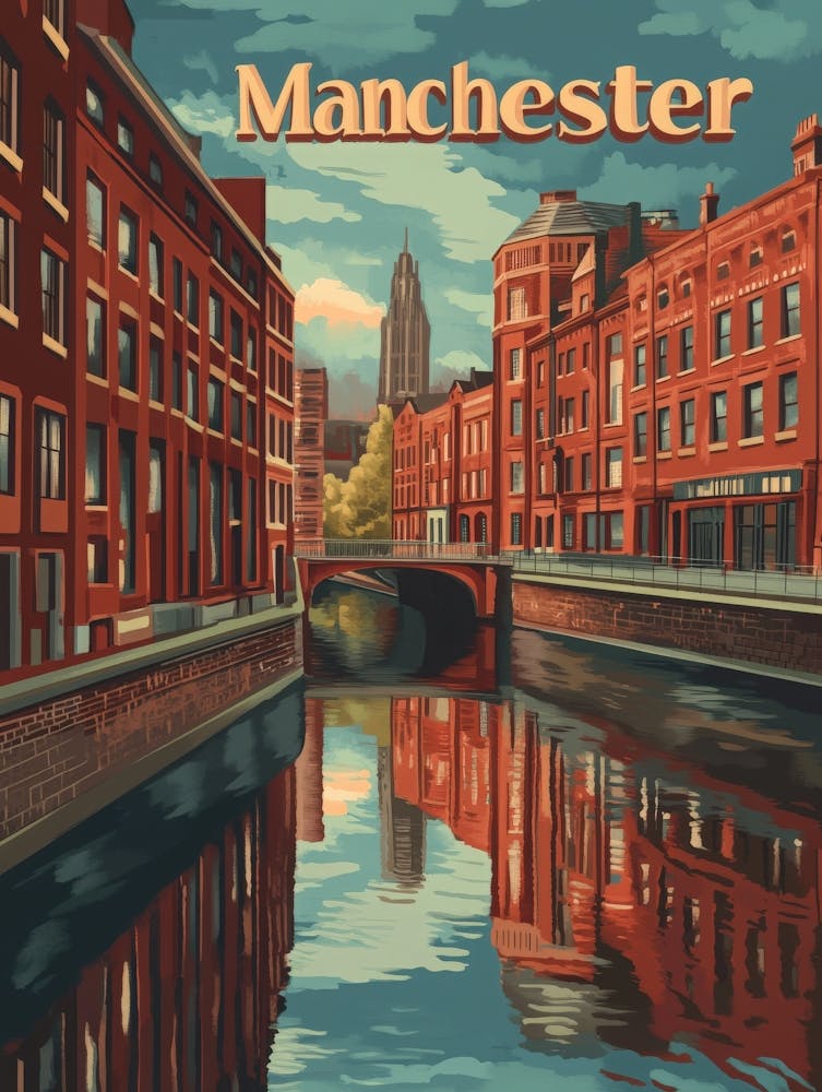 Aihrgdesign A Retro Travel Poster For Manchester Featuring Th 401d1fc9 1d4d 4652 8357 F4721af26148 0