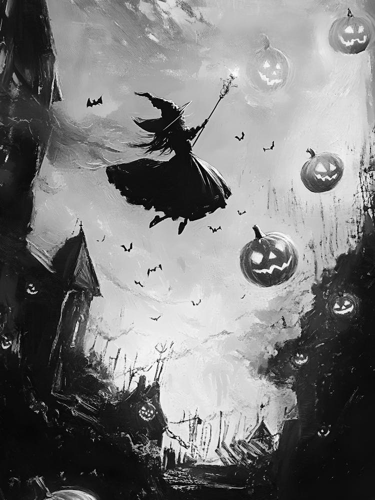 Witch Flying Over Pumpkins