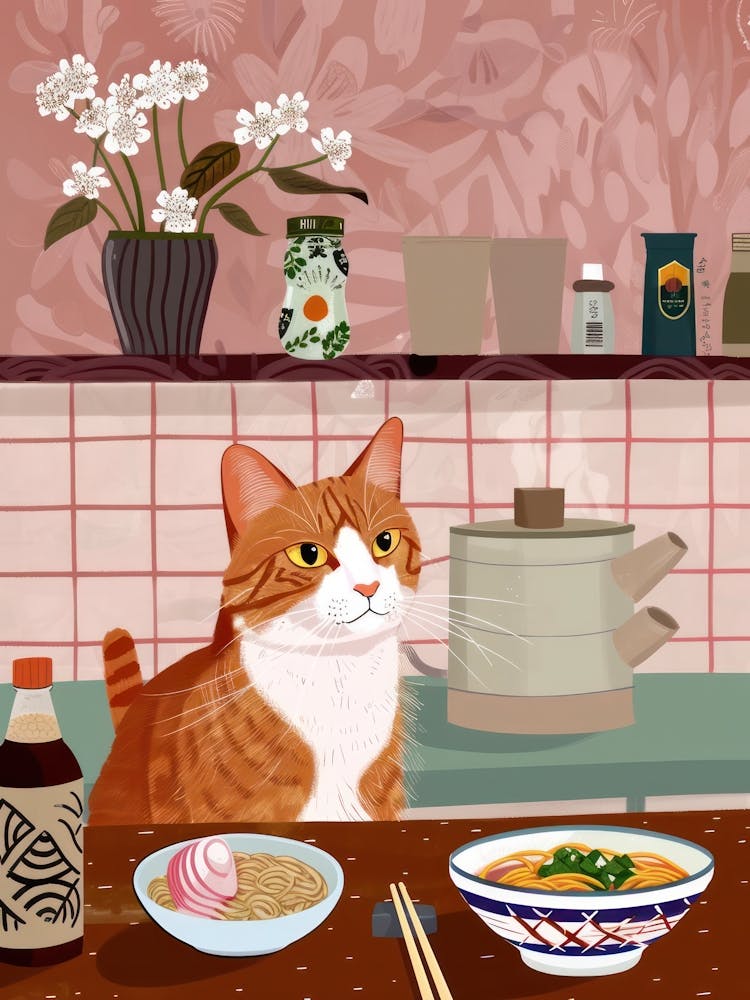 Katze und Ramen in der Küche 1