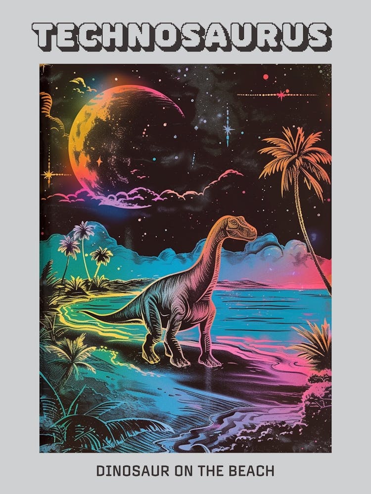 Neon-Linienarbeit & Schwarzer Dinosaurier Am Strand Poster