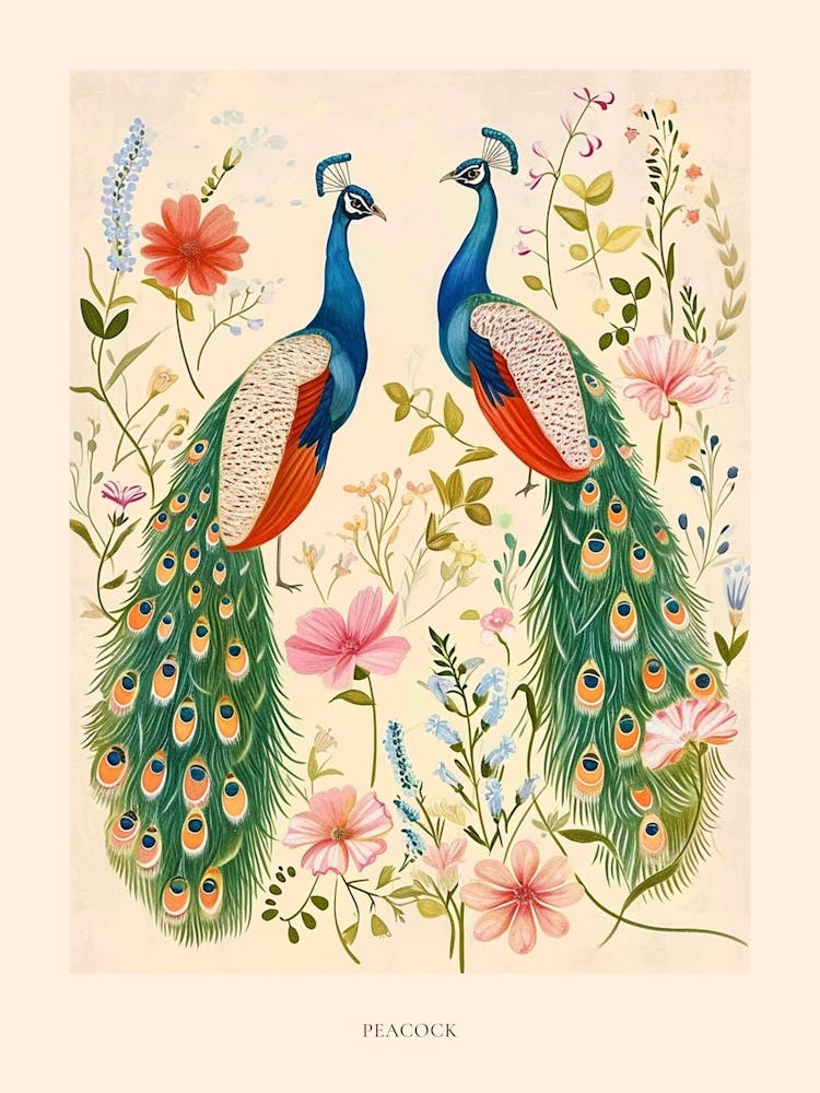 Folkloristische Blumen-Tiermalerei Pfau Poster