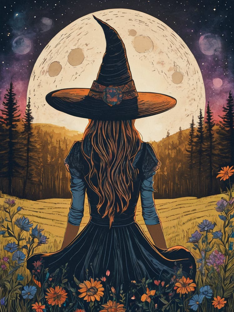 Cottagecore Country Witch - Beautiful Vintage Style Victorian Witchcore Full Moon Witchy Pagan Fairytale Line Art of a Young Witch Sitting in a Summer Meadow of Flowers, Litha Witch Goddess Wheel of the Year Wiccan Festival Celestial Tarot HD