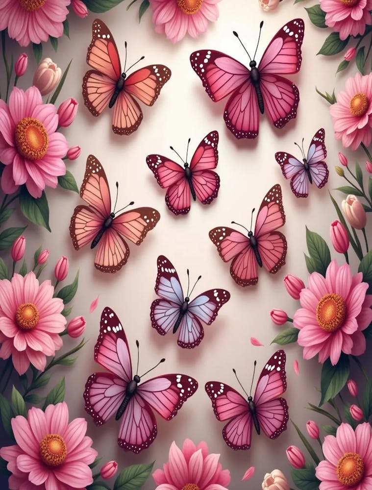 Pink Butterflies And Flowers 1