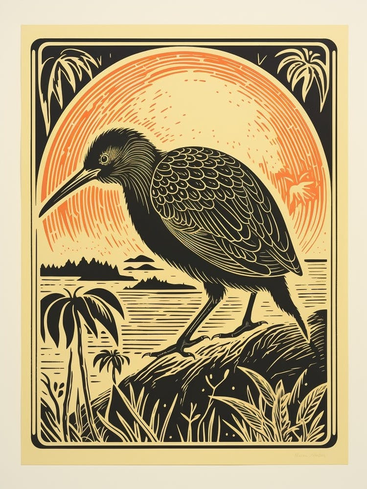 Vintage Bird Linocut Kiwi 1