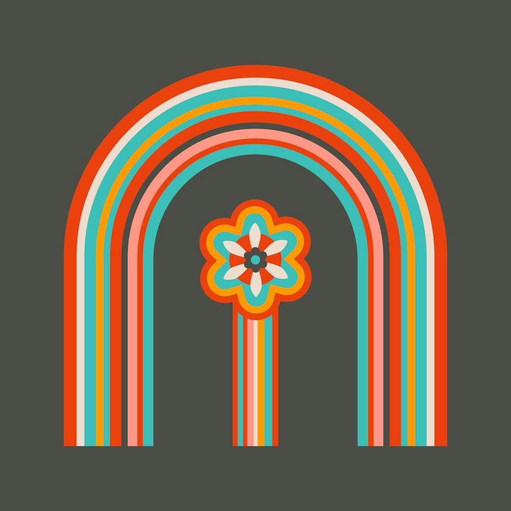 COLOURS OF THE RAINBOW Mid-Century Modern Scandi Folk Rainbow Floral in Vintage Retro Colours on Charcoal Brown