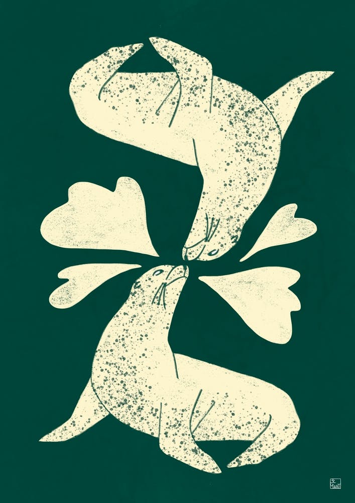 Seals In Love On Green Background