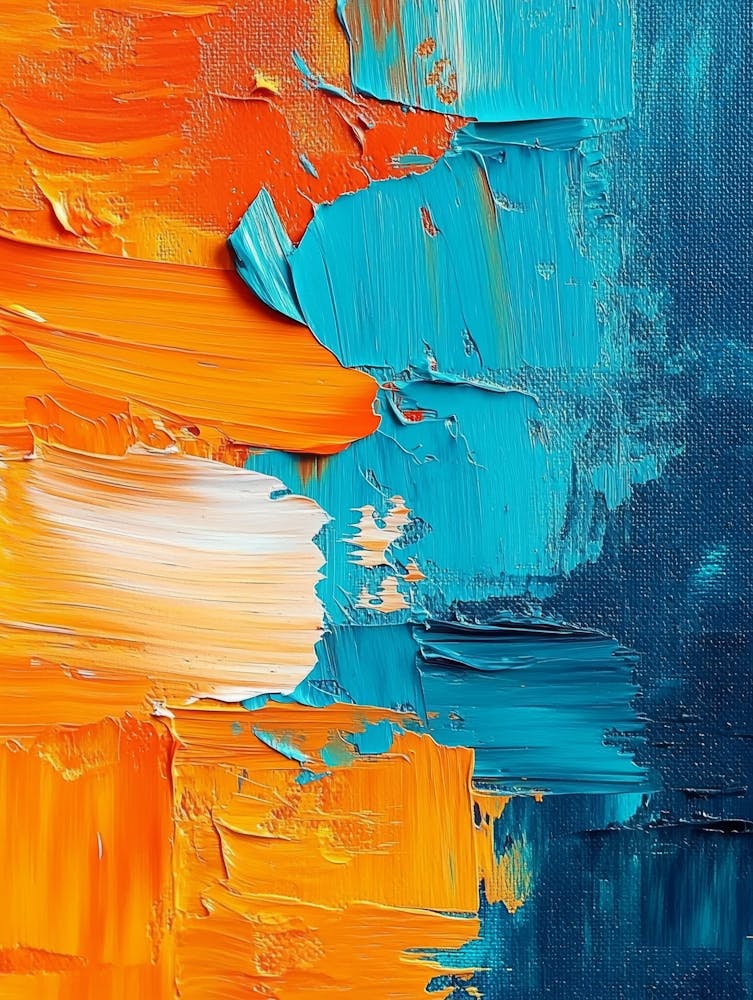 Vibrant Orange And Cyan Oil Colors On Canvas, Characterized By Rough Brushstrokes