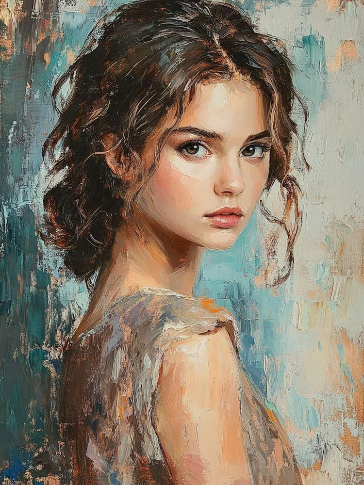 Young, Dreamy Girl With Curly Brown Hair On A Mysterious Abstract