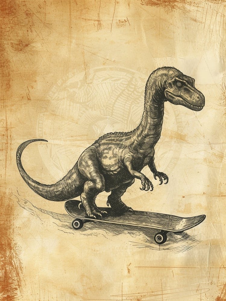 Vintage Apatosaurus Dinosaur On A Skateboard 2