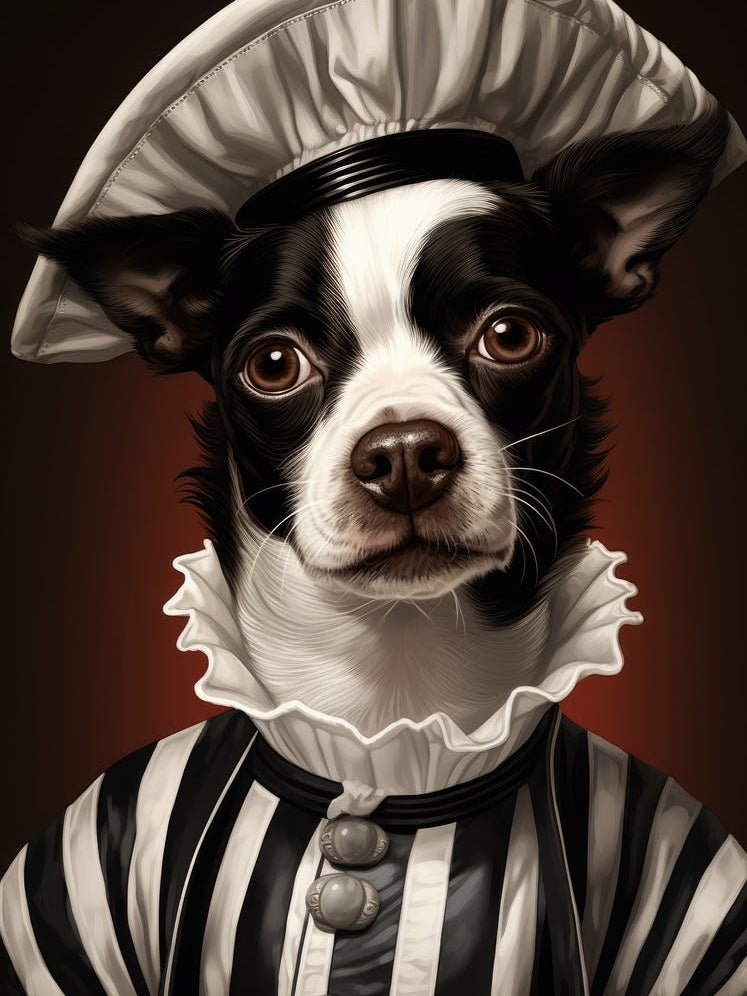 A Black And White Dog In A Striped Uniform Painting