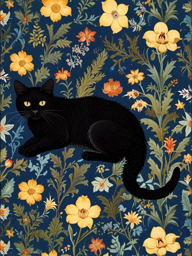 William Morris Black Cat In Floral Pattern