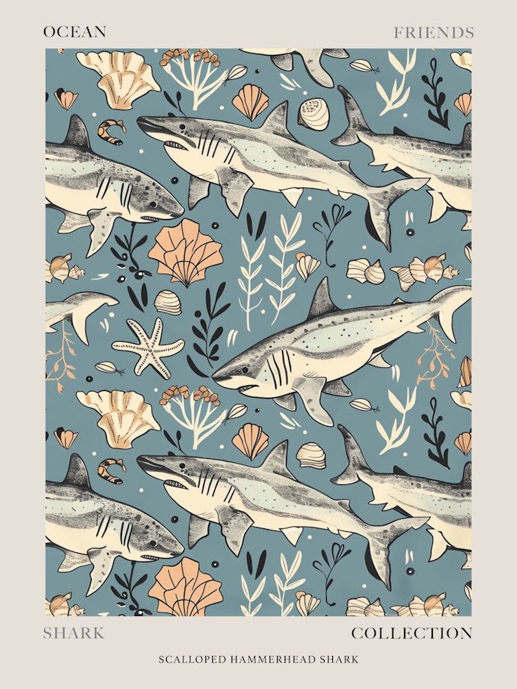 Pastel Blue Scalloped Hammerhead Shark Watercolour Seascape Pattern 2 Poster