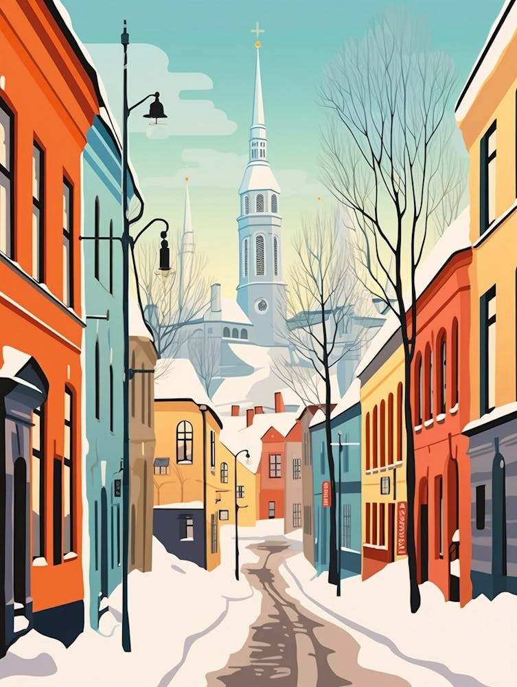 Vintage Winter Travel Illustration Helsinki Finland 3