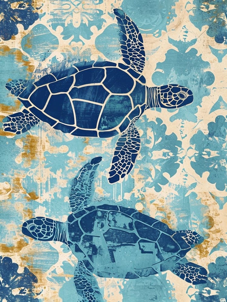 Two Blue Sea Turtles Cyanotype Inspired