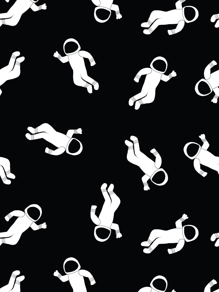Floating Little Astronauts Black on White Monochrome