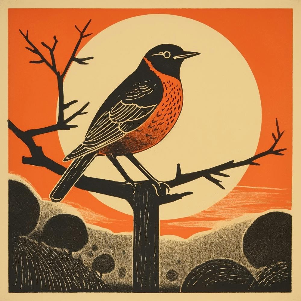 Retro Bird Lithograph European Robin 4