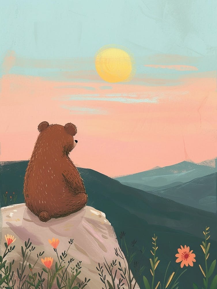 Brown Bear Looking At A Sunset From A Mountaintop Storybook Illustration 3