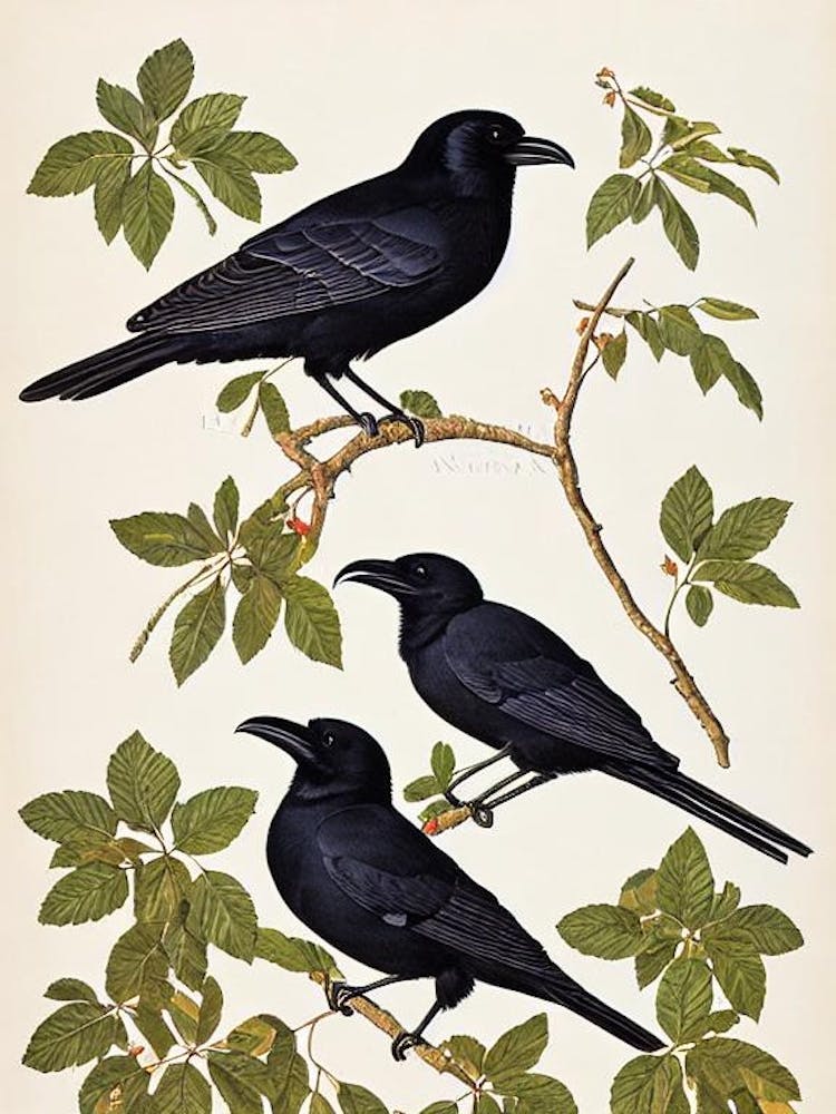 Raven 2 James Audubon Vintage Style Bird