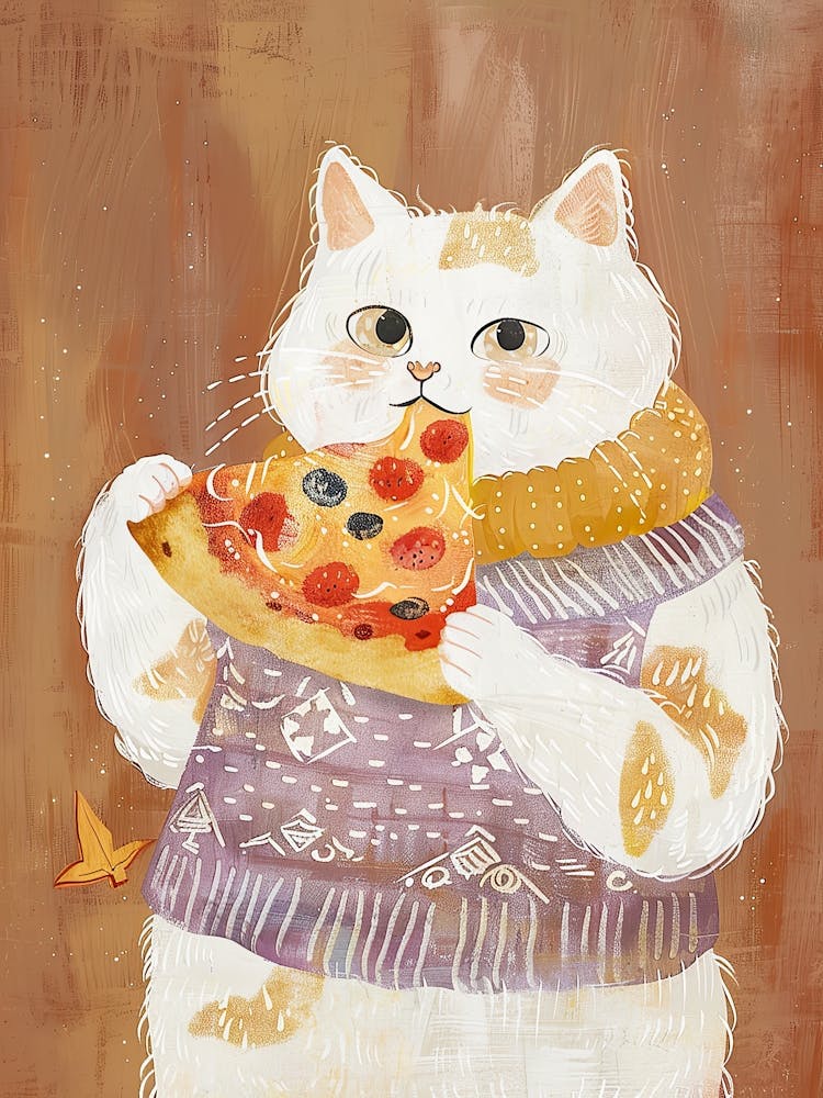 Cute White Cat Pizza Lover Folk Illustration 1