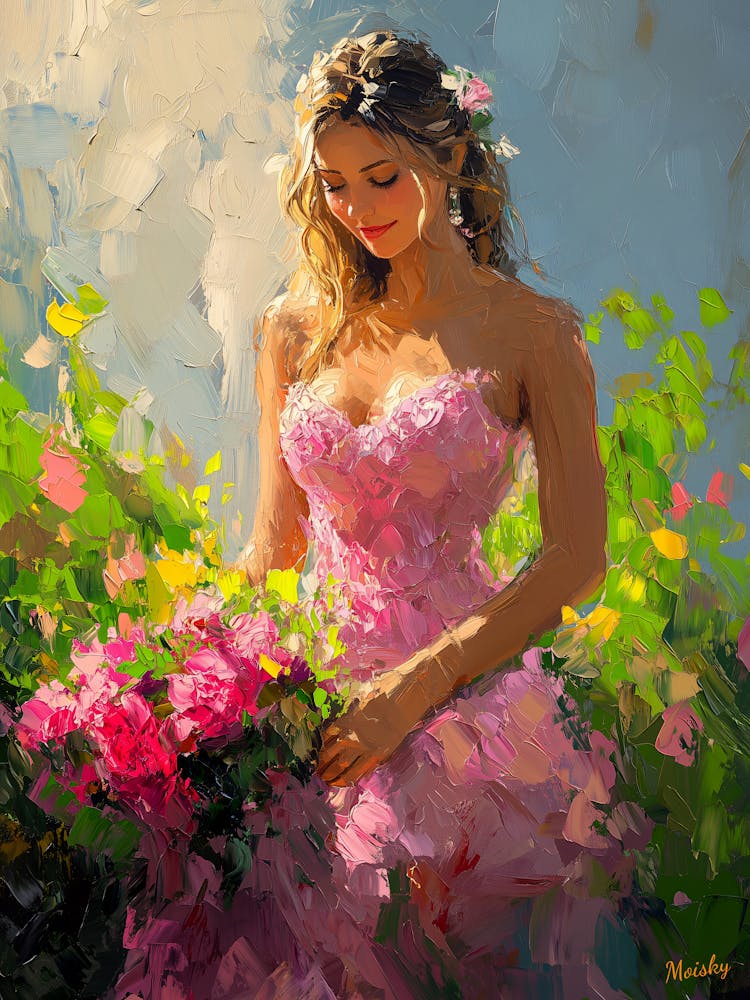Girl In A Pink Dress, Impressionist Oil Painting – Inspired by Monet