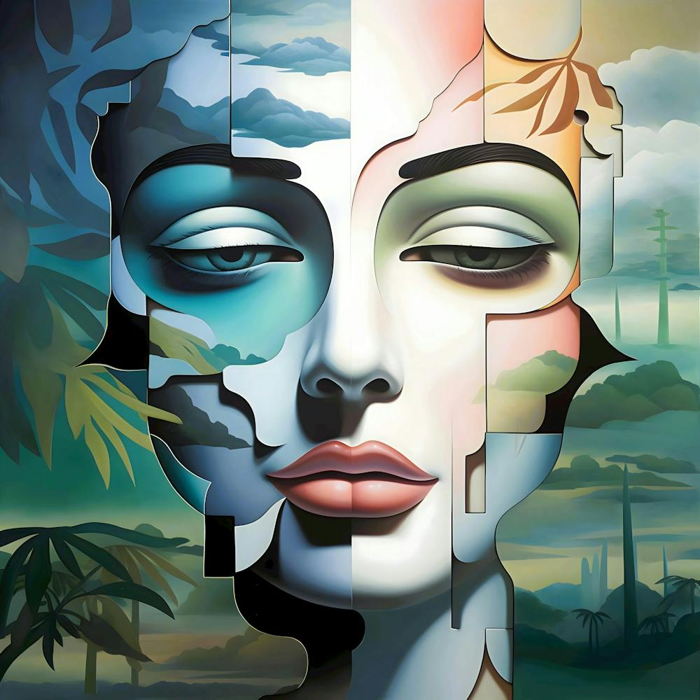 The Sum Of Us | nature | portrait | landscape | surreal | human face | fragmented | blue sky | tropical | puzzle pieces