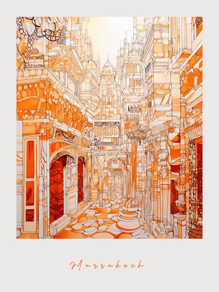 Marrakech Morocco Orange Drawing Poster