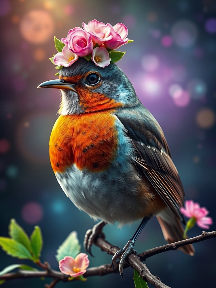 Robin With Flowers