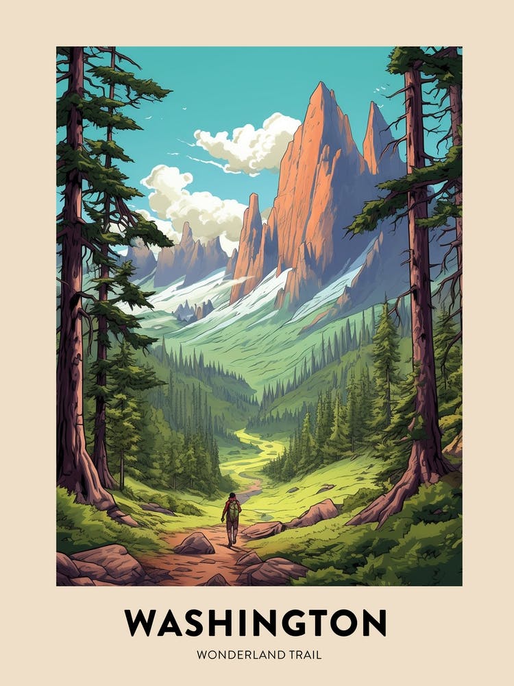 Wonderland Trail Usa 3 - Affiche de Voyage de Randonnée Vintage