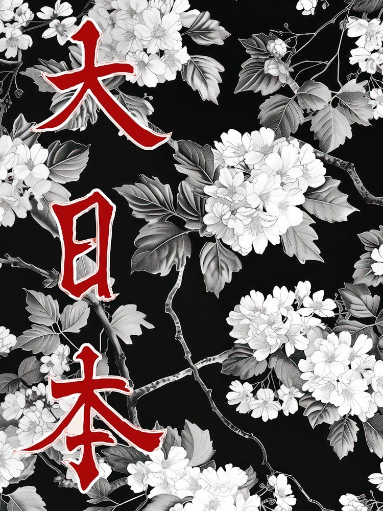 Hokusai Great Japan Poster Monochrome Flowers 2