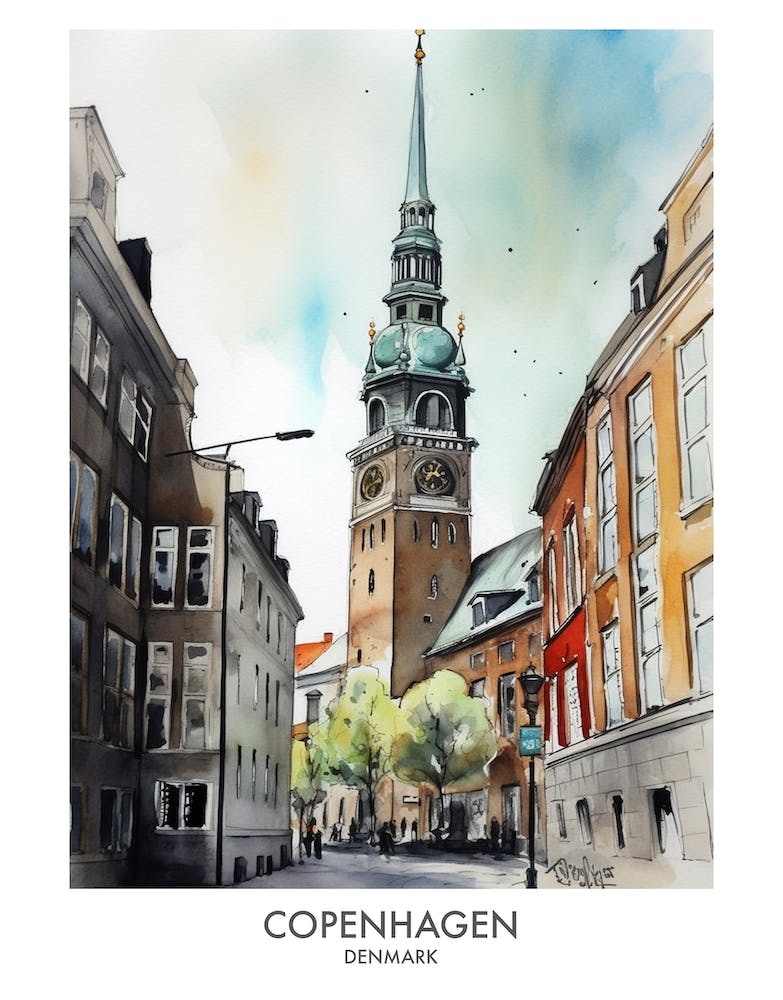 Copenhagen 3 Watercolour Travel Poster