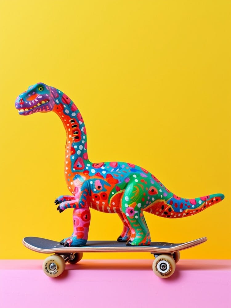 Toy Dinosaur On A Skateboard Portrait 2