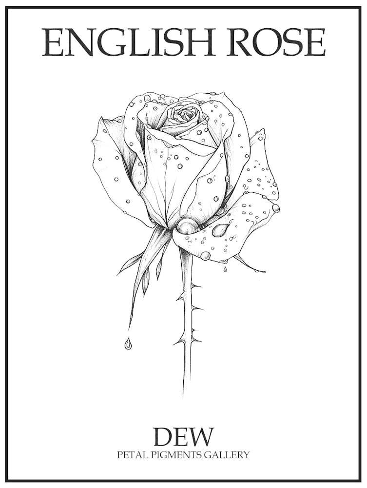English Rose Dew Line Drawing 3 Poster