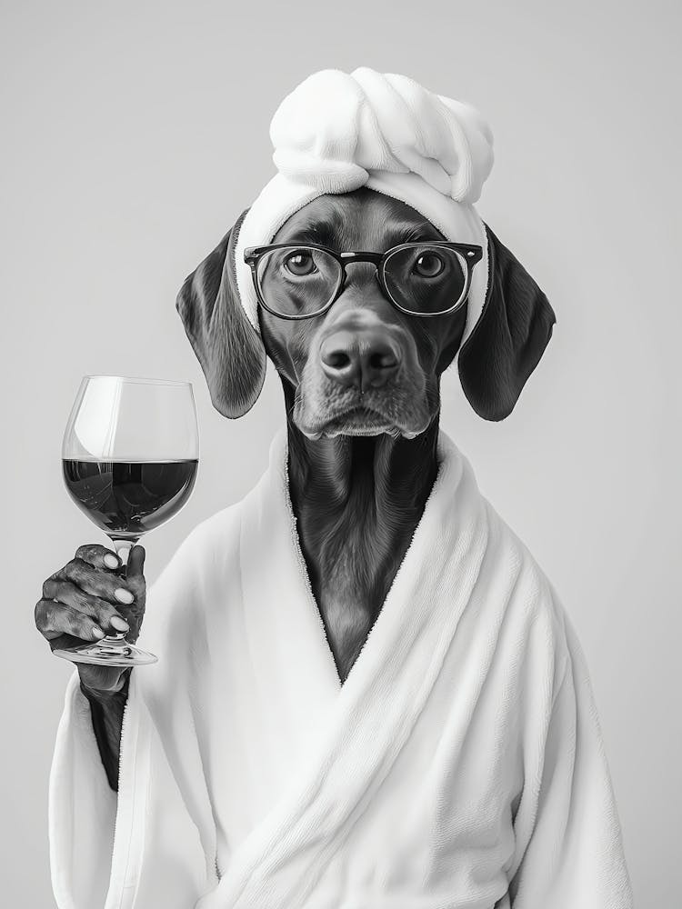 German Shorthaired Pointer In Bathrobe Holding Wine Print, Black And White Wall Art, Gsp Gift, Funny Dog Poster, Bathroom Wall Decor
