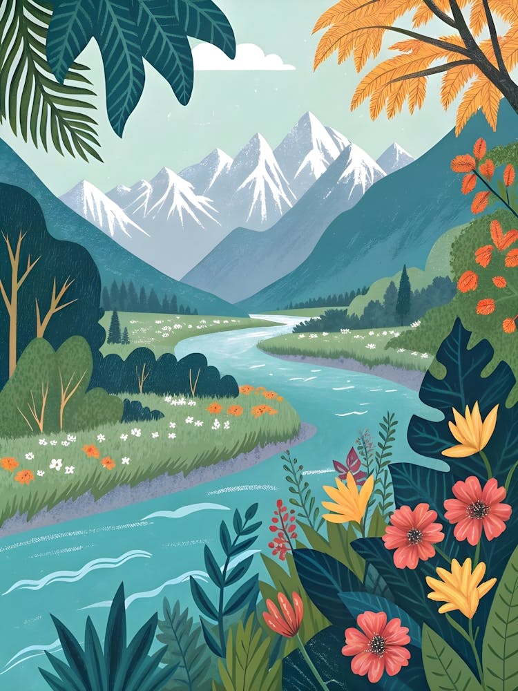 Landscape With Mountains And Flowers