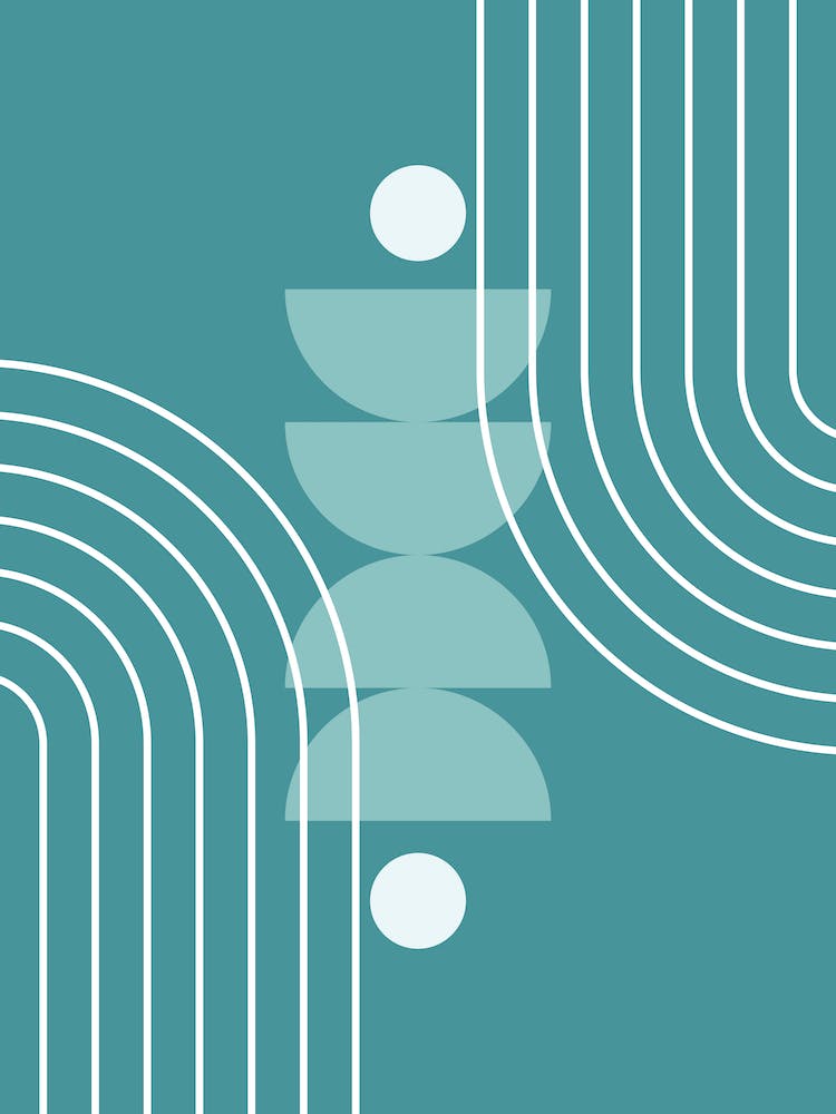 Mid Century Modern Geometric Abstract, Rainbow, Sun, Moon Phases, Scandinavian in Teal Green