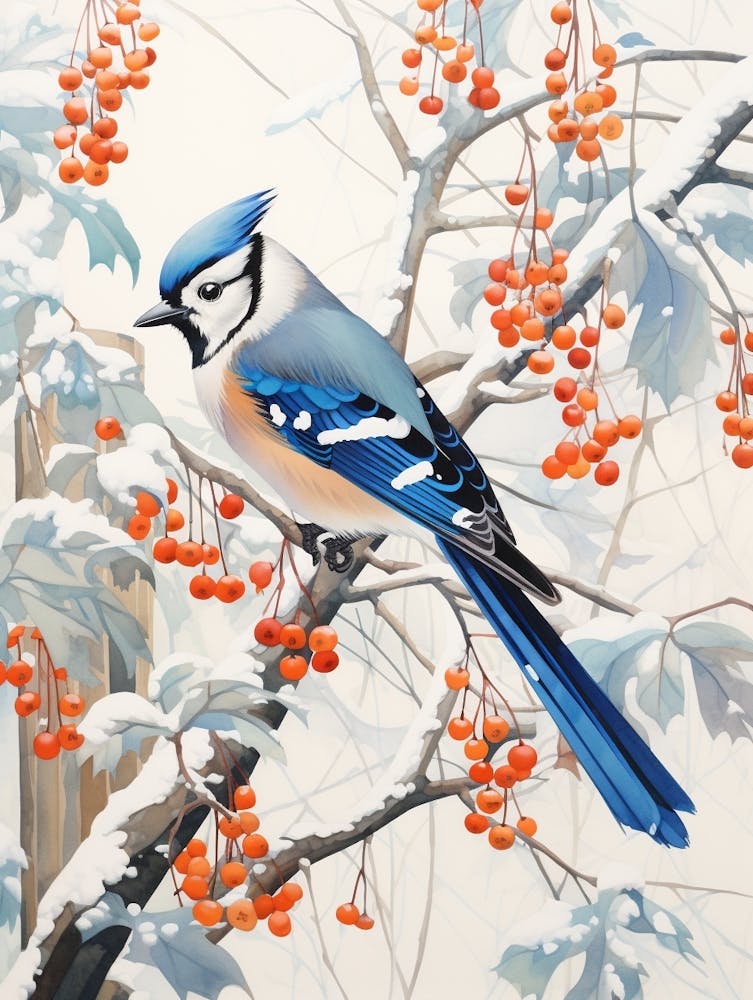 Peinture d'Oiseau d'Hiver Geai Bleu 2