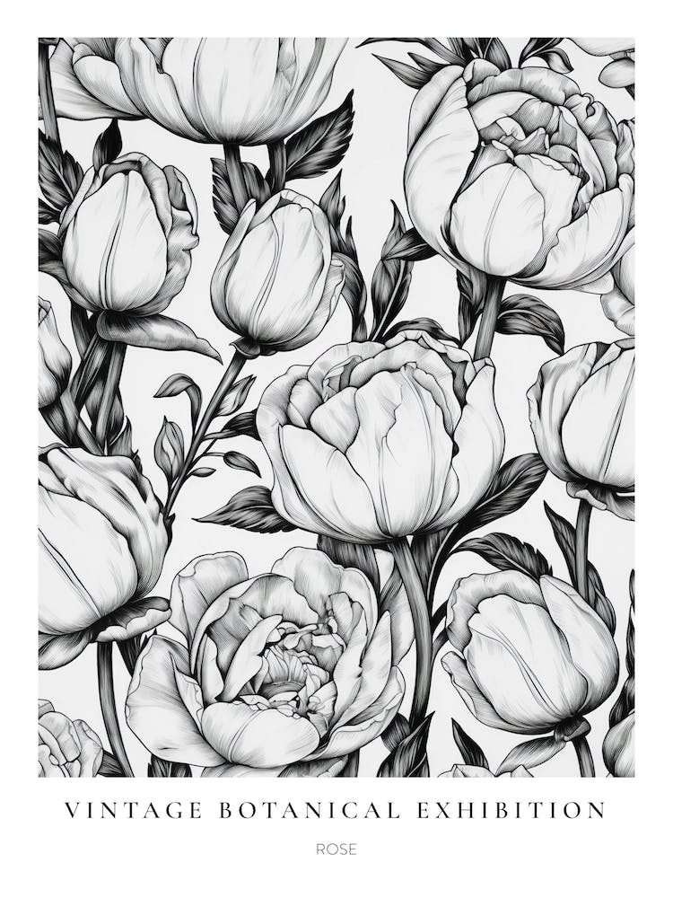 Rose 3 B&W Vintage Botanical Poster