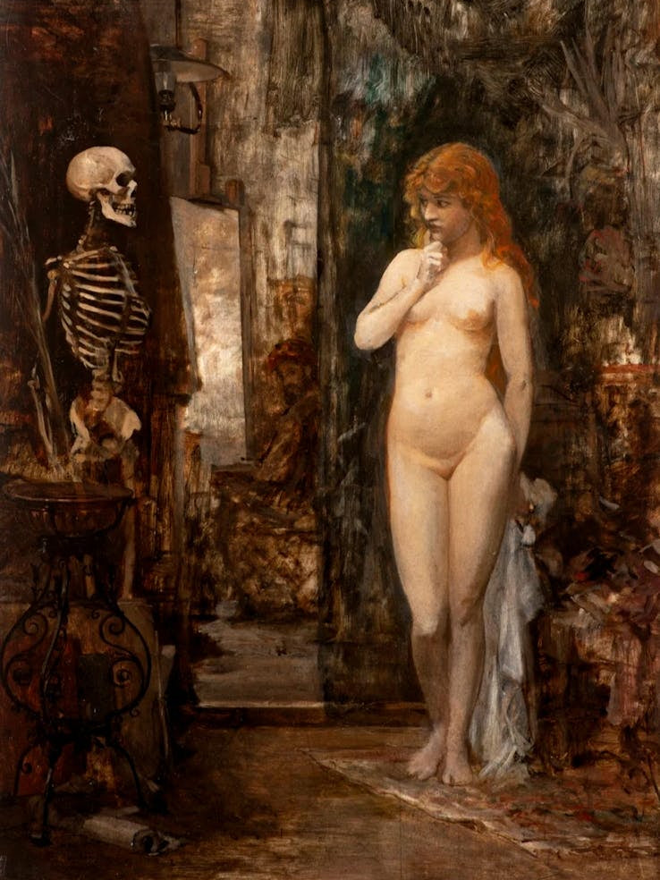 Red Haired Hans Makart (1840-1884)Naked Young Woman Looking at a Skeleton in HD Remastered Immaculate Classical Antique Gothic Dark Aesthetic 
