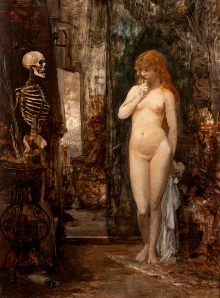 Red Haired Hans Makart (1840-1884)Naked Young Woman Looking at a Skeleton in HD Remastered Immaculate Classical Antique Gothic Dark Aesthetic