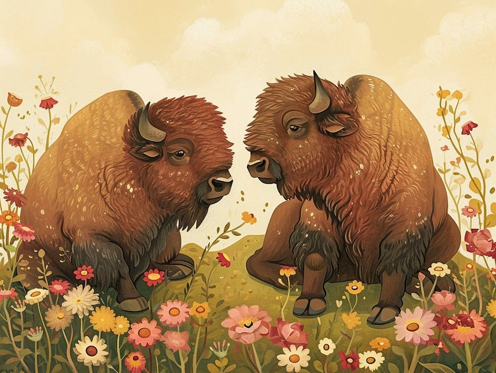 Floral Animal Illustration Bison 1