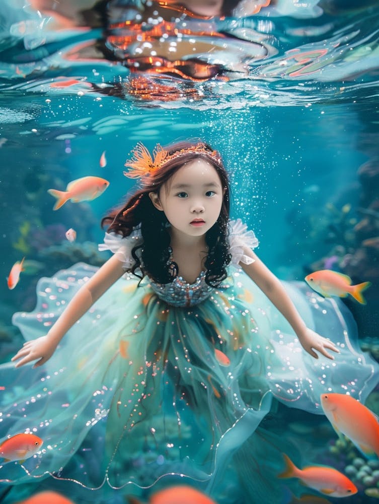 Front View, Long Shot, Full Length Shot, A Six Year Old Chinese Girl Dressed As A Mermaid Princess Takes Center Stage In The Frame