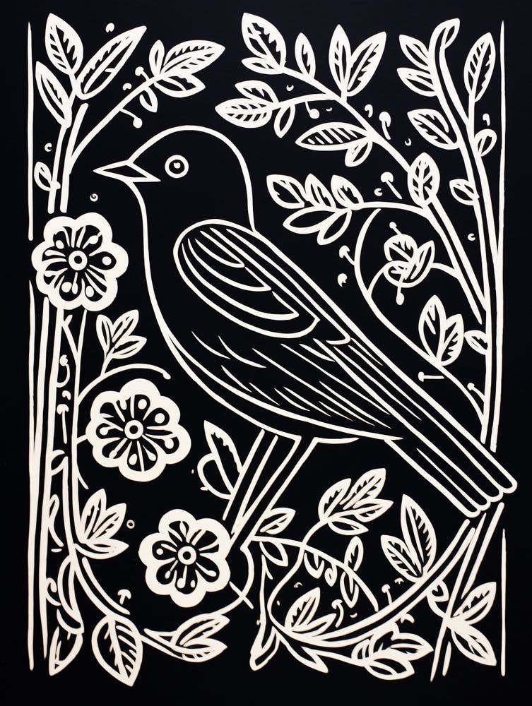 B&W Bird Linocut Bluebird 3
