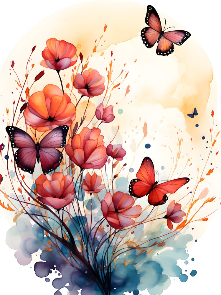 Watercolor Flowers And Butterflies