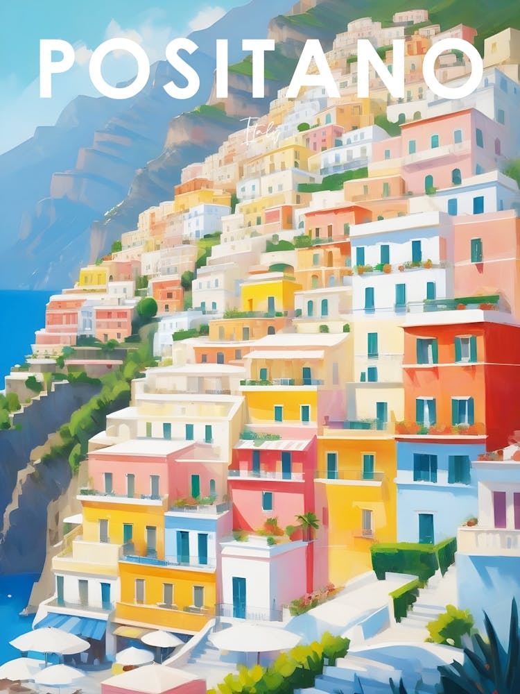 Positano City Travel Poster Cubism Style