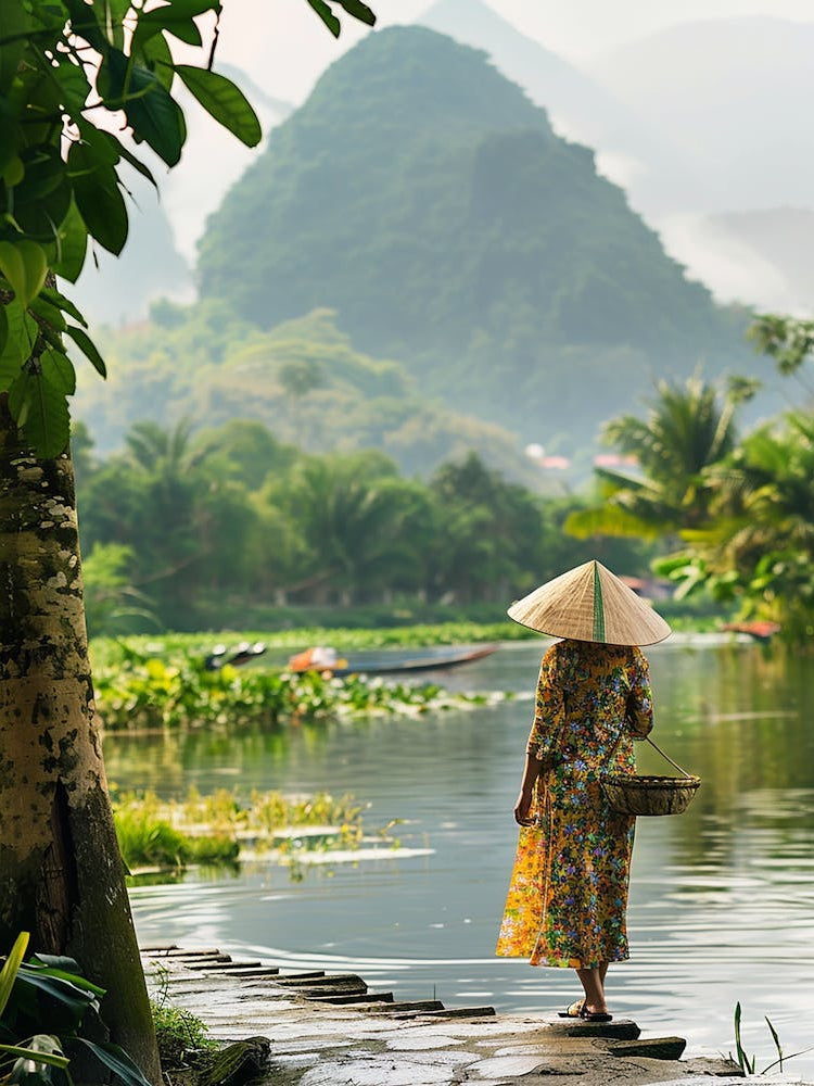 Woman Walks Along A River